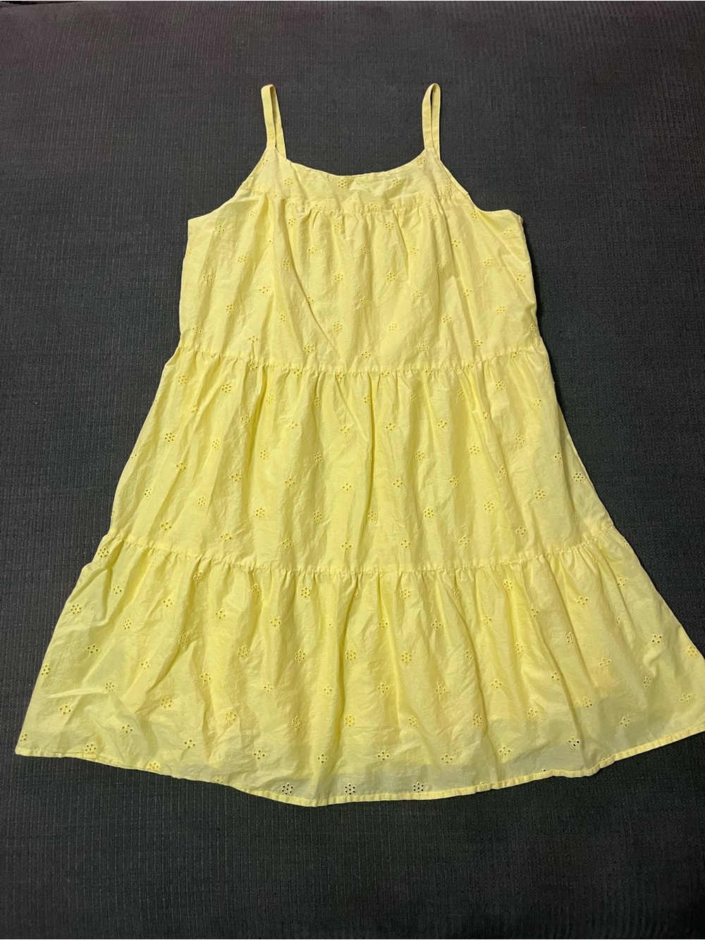 Yellow Eyelet Tiered Spaghetti-Strap Dress Medium